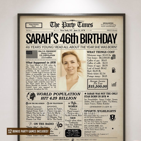 46th Birthday Newspaper Poster, 46th Birthday Gift for Men or Women, Back in 1978, Personalized 1978 Birthday Party Sign