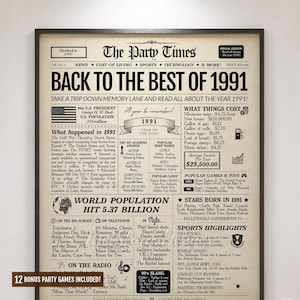 Terug in 1991: krantenposterbord | Cadeau 34e verjaardag | Verjaardag 1991 | Cadeau 34e verjaardag | 34 jaar geleden, in 1991
