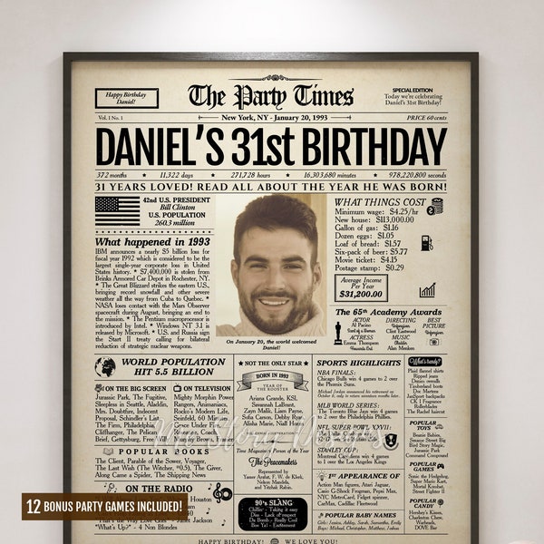 31st Birthday Newspaper Poster Sign Back in 1993, Personalized Birthday Sign, Gift for her, Gift for him, Birthday Party Decoration