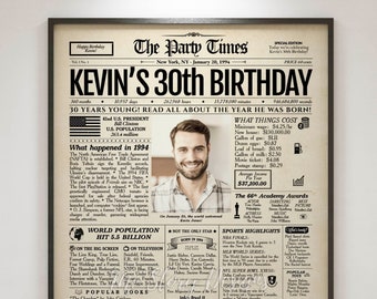 30th Birthday Newspaper, 30th Birthday Decorations, 30th Birthday Gift for Him or Her, Back in 1994 Sign, 30th Birthday Games