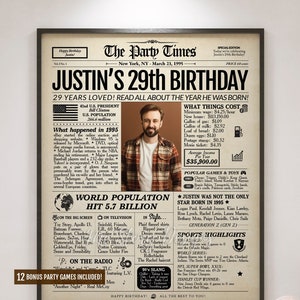 29th Birthday Gift for Him or Her, 29th Birthday Newspaper Poster Sign Back in 1995 Highlights, 29 Birthday Party Decoration