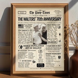 May include: A framed print titled "The Walters' 70th Anniversary" in a newspaper style. The print includes a photo of a couple, facts from 1956, and the text "Happy Anniversary! We love you so much!"