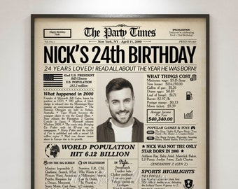 24th Birthday Newspaper Poster Sign Back in 2000, Custom Birthday Party Sign, Gift for her, Gift for him, Birthday Party Decoration