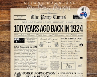 100th Birthday Newspaper AUSTRALIA 1924 Birthday Poster AUSTRALIAN, 100th Birthday Decoration, 100 years ago back in 1924