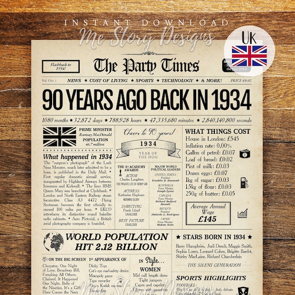 90th Birthday Gift for Women or Men UK 1934 Newspaper Poster, Back in 1934 Sign BRITISH facts, Born in 1934 United Kingdom