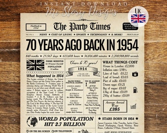 Back in 1954 UK 70th Birthday Gift, 1954 Newspaper Sign, BRITISH 1954 Birthday Poster, 70th Birthday Decoration