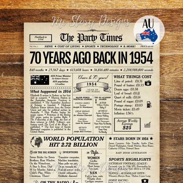 1954 AUSTRALIA 70th Birthday Newspaper Print Australian, 70th Birthday Gift, 1954 Birthday Poster 70 Years Ago Back in 1954 Print Aussie