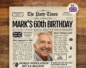 60th Birthday Gift for Men or Women, 1964 UK Newspaper Poster 60th Birthday Sign, 60th Birthday Decoration, 1964 BRITISH Highlights