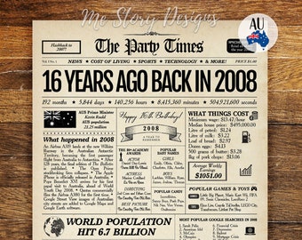 16th Birthday Gift for Boys and Girls, 2008 Newspaper Poster AUSTRALIA, 16 Years Ago Back in 2008 Sign, 16th Birthday Decoration