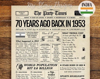 1953 INDIA 70th Birthday Newspaper INDIAN | 70th Anniversary | India decor | Indian Birthday Poster 70 Years Ago Back in 1953