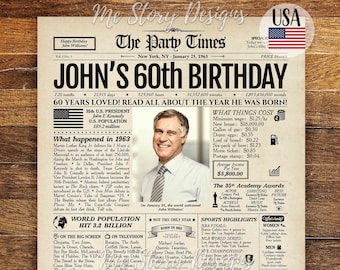 60th Birthday Newspaper Poster Sign | 60th Birthday Gift for Men or Women | 1963 Birthday | 60 Years Ago Back in 1963 Highlights