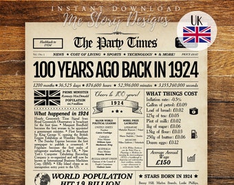 Back in 1924 UK 100th Birthday Gift, 1924 Newspaper Sign, BRITISH 1924 Birthday Poster, 100th Birthday Decoration