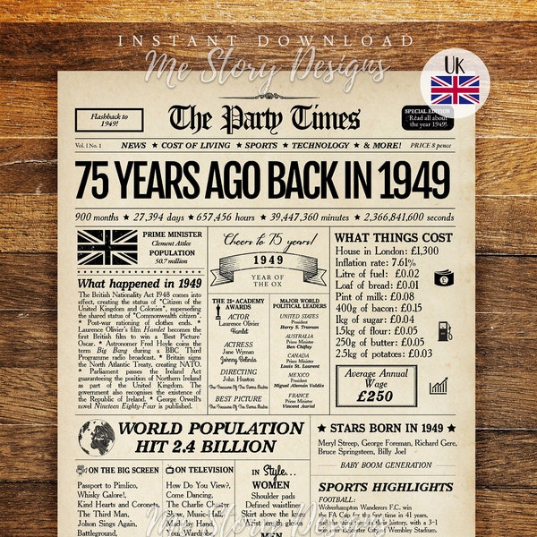 UK 75th Birthday NEWSPAPER Poster Back in 1949 United Kingdom, 75th Anniversary, 75th Birthday Decoration, 1949 BRITISH Highlights