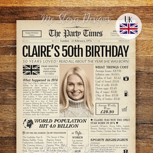 50th Birthday Newspaper 1974 UK,  50th Birthday Gift for Men and Women, 1974 Newspaper Poster, BRITISH facts 50 Years Ago Back in 1974