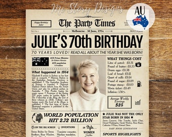 70th Birthday Newspaper AUSTRALIA 1954 Birthday Gift AU, Back in 1954 Sign, 70th Birthday Decoration, Gift for Grandma or Grandpa