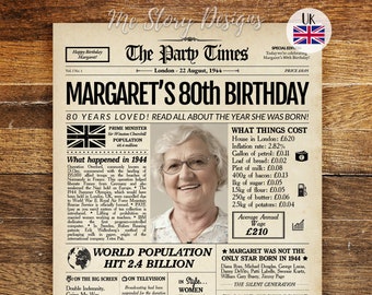 80th Birthday Gift for Men or Women 1944 UK Newspaper Poster, 1944 British facts, 80th Birthday Poster, 80th Birthday Decoration