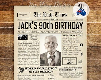 90th Birthday Zeitung AUSTRALIA 1934 Geburtstagsgeschenk AU, Back in 1934 Zeichen, 90th Birthday Dekoration, Geschenk für Oma oder Opa