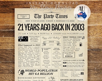 21st Birthday Gift for Him or Her, 2003 Newspaper AUSTRALIA, Back in 2003 Sign AU, 21st Birthday Decoration for Men or Women