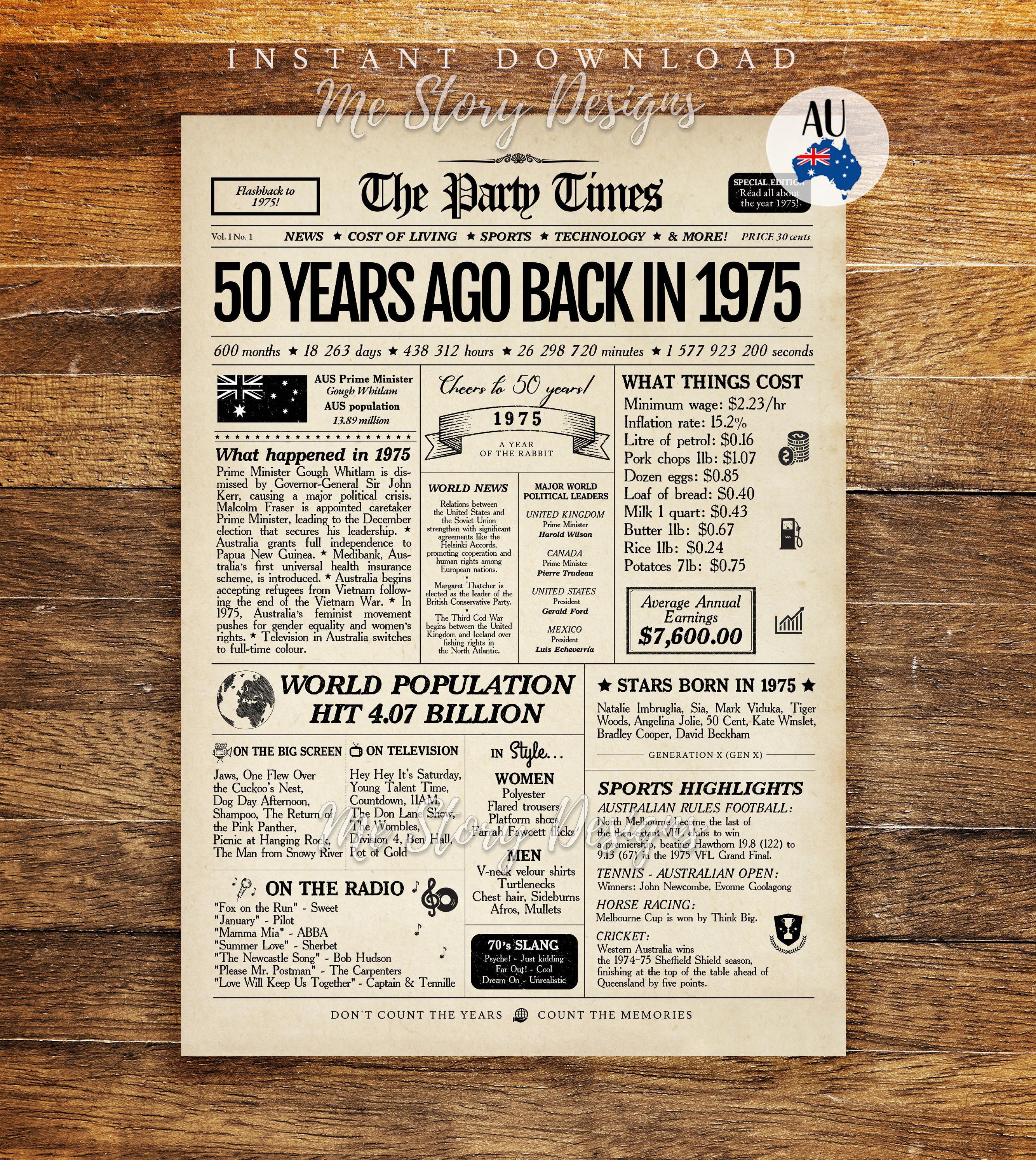 1975 AUSTRALIA 50th Birthday Newspaper, 50th Birthday Gift, 1975 Birthday Poster 50 Years Ago Back in 1975, 50th Anniversary Print Aussie