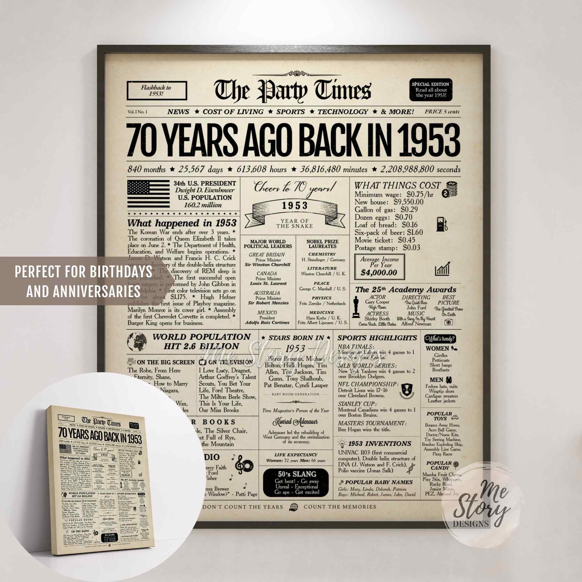 1953 70th Birthday Newspaper Sign 70th Birthday Gift for Men Etsy