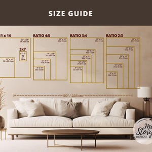 May include: A size guide chart titled SIZE GUIDE displaying various rectangular frame dimensions in inches and centimeters, categorized by ratios 4:5, 3:4, and 2:3, with a horizontal measurement line indicating 90 inches or 228 cm above a sofa.