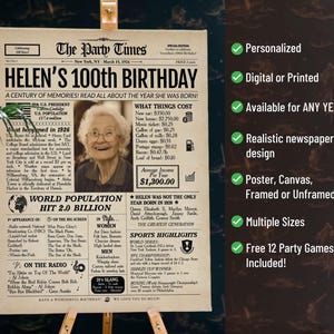 100th Birthday Newspaper Poster | 1926 Personalized Gift | Printed or Digital image 2