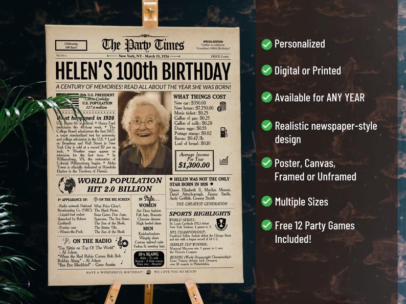 100th Birthday Newspaper Poster | 1926 Personalized Gift | Printed or Digital image 2