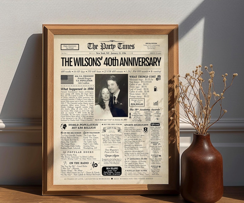 May include: A framed newspaper-style print titled The Party Times, featuring the headline The Wilsons' 40th Anniversary, a black and white photograph of a couple, and columns detailing historical facts, pop culture, and statistics from 1986.