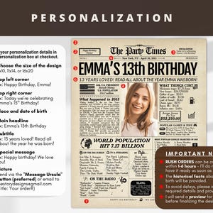 May include: A personalized newspaper-style print celebrating a 13th birthday. The design includes a photo, headline "Emma's 13th Birthday," and details about the year of birth. Available in 8x10, 11x14, or 16x20 sizes.