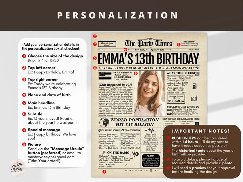 May include: A personalized newspaper-style print celebrating a 13th birthday. The design includes a photo, headline "Emma's 13th Birthday," and details about the year of birth. Available in 8x10, 11x14, or 16x20 sizes.