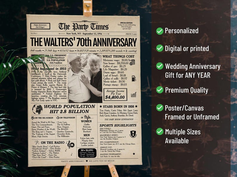 70th Anniversary Gift Newspaper Poster | Platinum Wedding Anniversary | Printed or Digital image 3