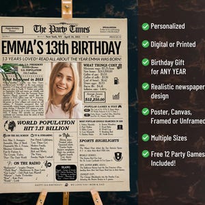 May include: A personalized birthday poster designed as a newspaper front page, titled "The Party Times." The headline reads "Emma's 13th Birthday." Includes a photo of a smiling person, with details about the year of birth.