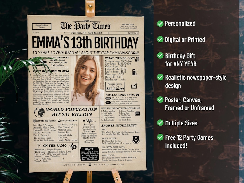 May include: A personalized birthday poster designed as a newspaper front page, titled "The Party Times." The headline reads "Emma's 13th Birthday." Includes a photo of a smiling person, with details about the year of birth.