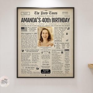 Pu&ograve; includere: Un poster incorniciato intitolato The Party Times, con un layout di giornale vintage per il 40&deg; compleanno di Amanda. Include una fotografia centrale, fatti storici del 1986, dati sulla popolazione, libri popolari, successi radiofonici e film.