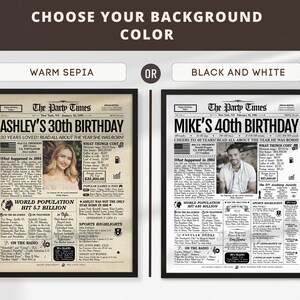 May include: Two framed newspaper-style posters titled The Party Times, one in warm sepia and one in black and white. Each features a personalized birthday headline, a central photograph, and columns detailing historical facts, costs, and pop culture.