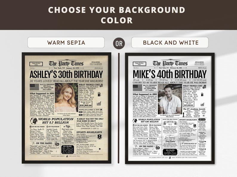 May include: Two framed newspaper-style posters titled The Party Times, one in warm sepia and one in black and white. Each features a personalized birthday headline, a central photograph, and columns detailing historical facts, costs, and pop culture.