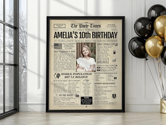 10th Birthday 2016 Newspaper Poster | Personalized Gift for Boys and Girls | Printed or Digital