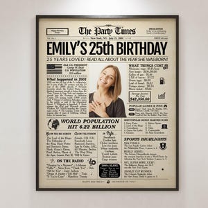 25th Birthday Gift Newspaper Poster| Back in 2001 Sign | Printed or Digital image 2