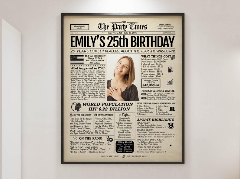25th Birthday Gift Newspaper Poster| Back in 2001 Sign | Printed or Digital image 2