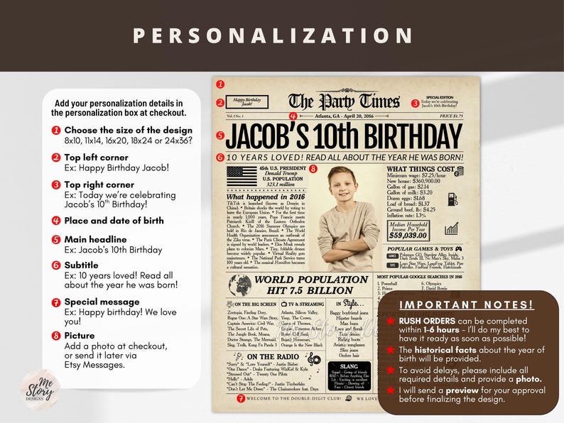 10th Birthday 2016 Newspaper Poster | Personalized Gift for Boys and Girls | Printed or Digital image 8