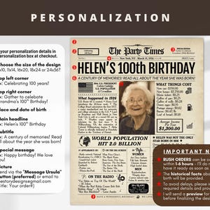 100th Birthday Newspaper Poster | 1926 Personalized Gift | Printed or Digital image 8