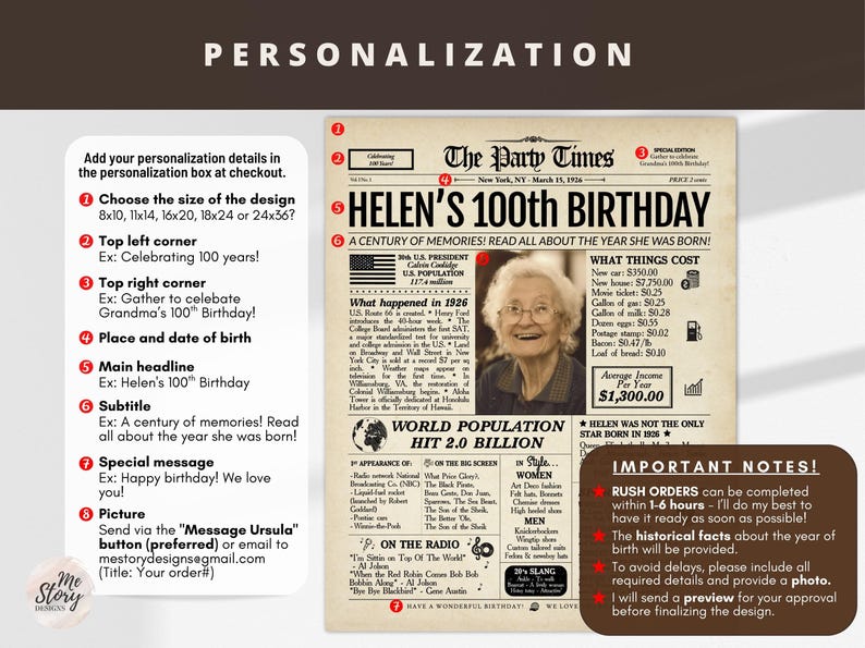 100th Birthday Newspaper Poster | 1926 Personalized Gift | Printed or Digital image 8