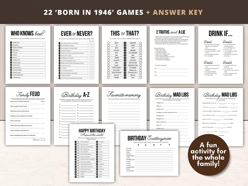 80th Birthday Party Games | Born in 1946 Trivia | 22-in-1 Bundle | Printable image 4