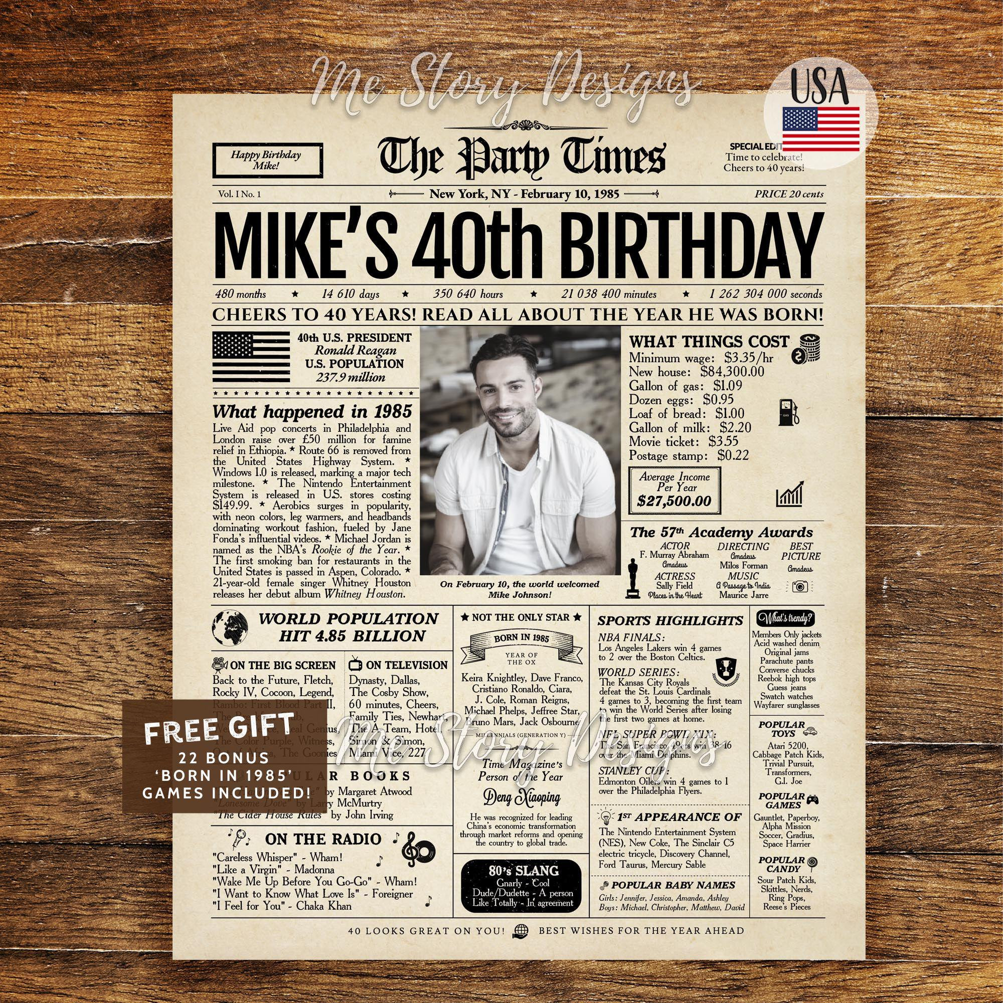 40th Birthday Newspaper Poster, 40th Birthday Gift for Him or Her, 40th Birthday Decorations, Gifts for Men, Gifts for Women, Back in 1985