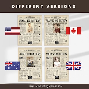 May include: Four vintage-style newspaper posters titled The Party Times, each featuring a personalized 10th birthday headline, a central photograph of a child, and columns of text detailing historical facts, world population, and pop culture.