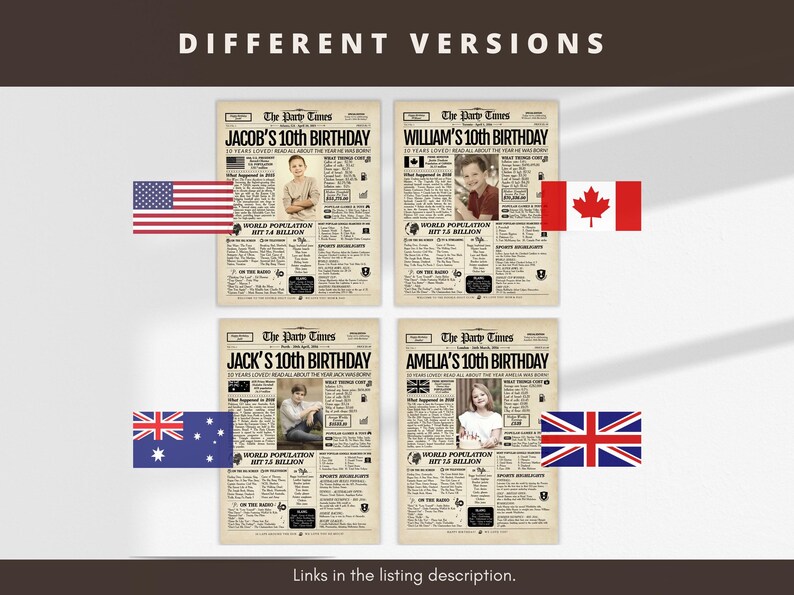 May include: Four vintage-style newspaper posters titled The Party Times, each featuring a personalized 10th birthday headline, a central photograph of a child, and columns of text detailing historical facts, world population, and pop culture.