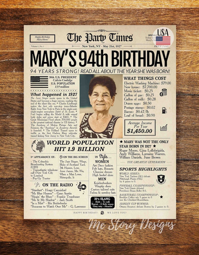 Great grandmother gift OR great grandfather gift 94th birthday gift for grandma or grandpa 94th Birthday Newspaper Poster PRINTABLE
