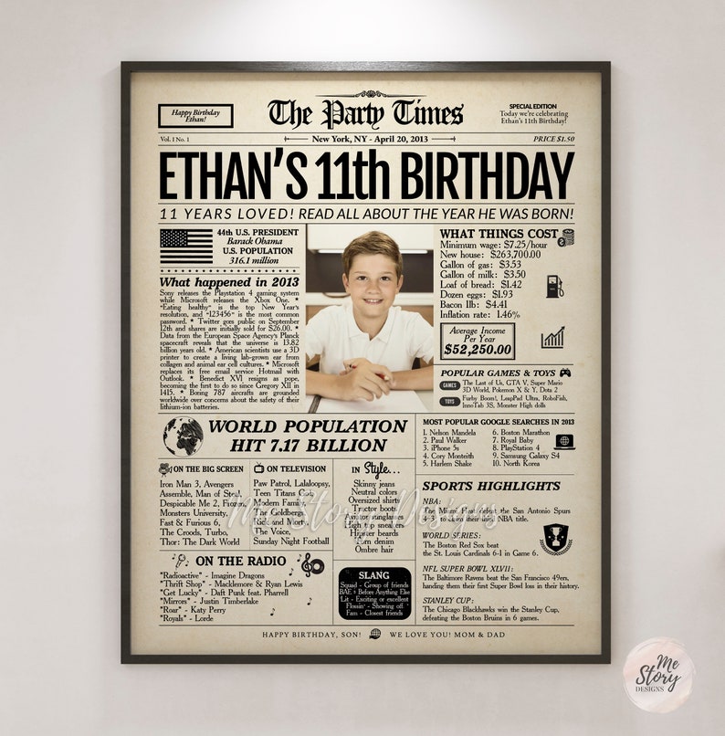 11th Birthday Newspaper Sign, 11th Birthday Gift for Boys and Girls, 2013 Newspaper, 11 Years Ago Back in 2013 Highlights image 2