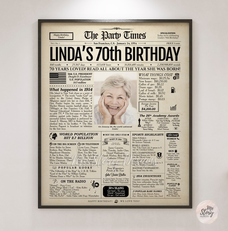 70th Birthday Newspaper Poster, 70th Birthday Gift for Him or Her, 70th Birthday Decorations, Gifts for Men, Gifts for Women, Back in 1954 image 2