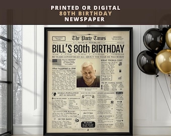 Personalized 80th Birthday Newspaper Poster | Printed or Digital | Framed or Canvas